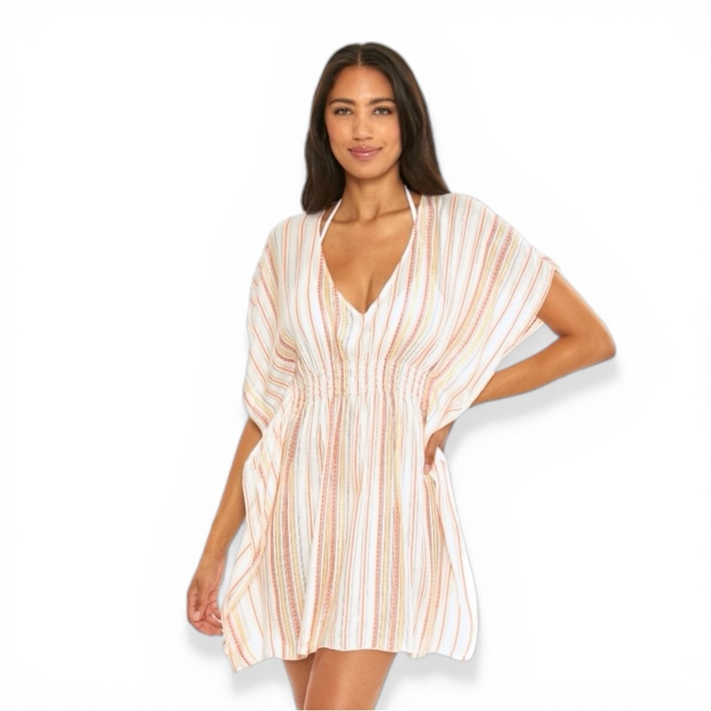Becca Radiance Woven Tunic Cover Up M/L Coral Reef Metallic Stripe